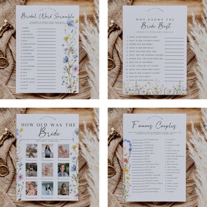 Może przedstawiać: Cztery drukowane karty z grami na wiecz&oacute;r panieński z kwiatowymi wzorami. Gry to: Bridal Word Scramble, Who Knows the Bride Best, How Old Was the Bride i Famous Couples.