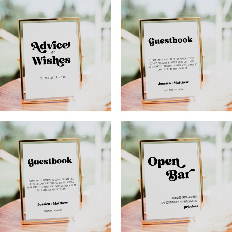 May include: Four gold-framed signs with white backgrounds and black text. The signs read "Advice and Wishes for the new Mr. & Mrs.", "Guestbook", "Guestbook", and "Open Bar".