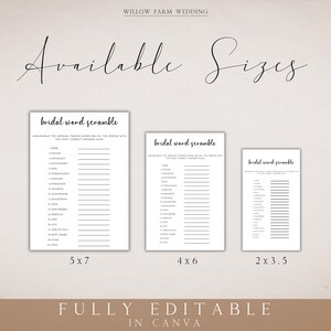 May include: Printable bridal word scramble game in three different sizes: 5x7 inches, 4x6 inches, and 2x3.5 inches. The game instructions are "Unscramble the wedding themed words below. The person with the most correct answers wins."