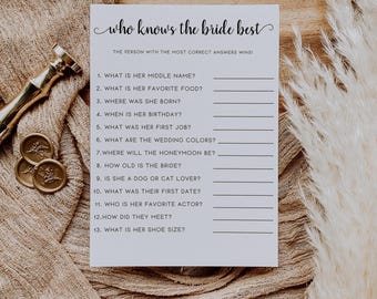 Minimalist Who Knows The Bride The Most Game, Modern Bridal Shower Game, Printable How Well Do You Know The Bride, Script Bridal Quiz