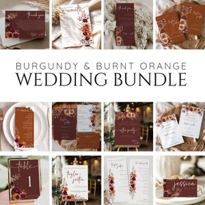 May include: A wedding stationery bundle featuring a burgundy and burnt orange colour scheme. The bundle includes various printable templates such as invitations, save the dates, menus, table numbers, and thank you cards. The designs feature floral illustrations with burgundy, orange, and white accents.