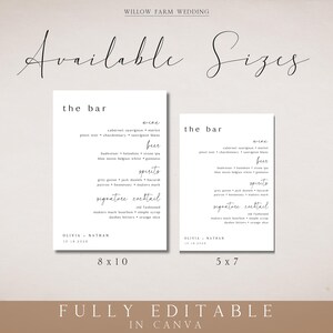 May include: Two white bar menu signs with black text, listing wine, beer, spirits, and signature cocktails. The larger sign is 8x10 inches, and the smaller is 5x7 inches. The text includes "OLIVIA + NATHAN 10.18.2028."