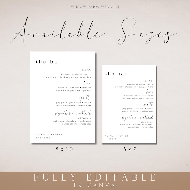 May include: Two white bar menu signs with black text, listing wine, beer, spirits, and signature cocktails. The larger sign is 8x10 inches, and the smaller is 5x7 inches. The text includes "OLIVIA + NATHAN 10.18.2028."