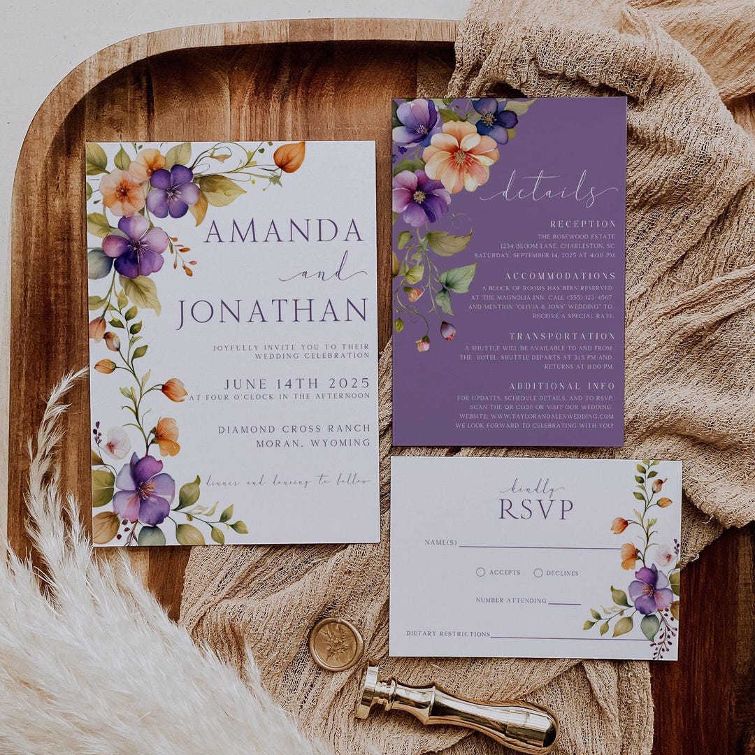 Burnt Orange and Purple Floral Wedding Invitation Suite, Fall Rustic ...