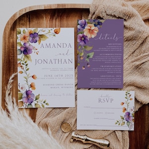 Burnt Orange and Purple Floral Wedding Invitation Suite, Fall Rustic Wedding Invite Set,  RSVP QR Code, Minimalist Invite, Floral Wedding