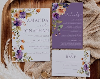 Op de afbeelding: Trouwuitnodigingsset met bloemen aquarelontwerpen in paars, oranje en groen. De uitnodiging bevat de namen "AMANDA en JONATHAN", datum, tijd en locatie. Extra kaarten bevatten details en RSVP-informatie.