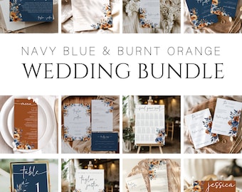 Navy Blue Burnt Orange Wedding Bundle, Navy Blue And Burnt Orange Wedding Invitation, Burnt Orange And Navy Wedding Invitations