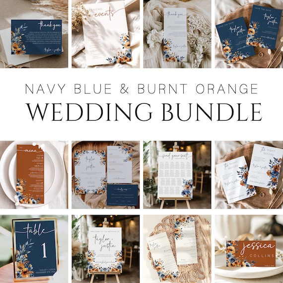 Navy Blue Burnt Orange Wedding Bundle, Navy Blue And Burnt Orange Wedding Invitation, Burnt Orange And Navy Wedding Invitations