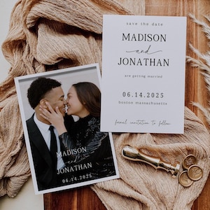 Plantilla minimalista para guardar la fecha, anuncio de boda moderno, invitación digital editable, tipografía elegante, descarga instantánea personalizable