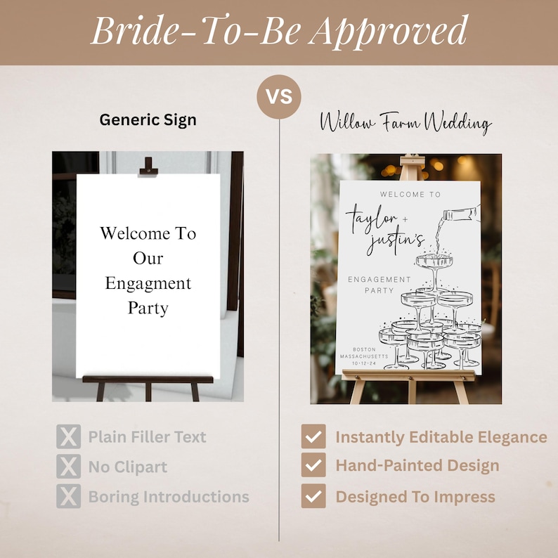 Digital engagement party sign with champagne glass illustration, customizable text for a personal touch