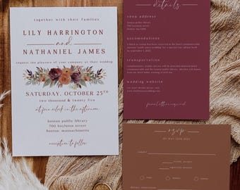 Fall Wedding Invitation Template, Autumn Wildflower Invite, Boho Terracotta, Burnt Orange Rust Burgundy Floral Set with RSVP QR Code