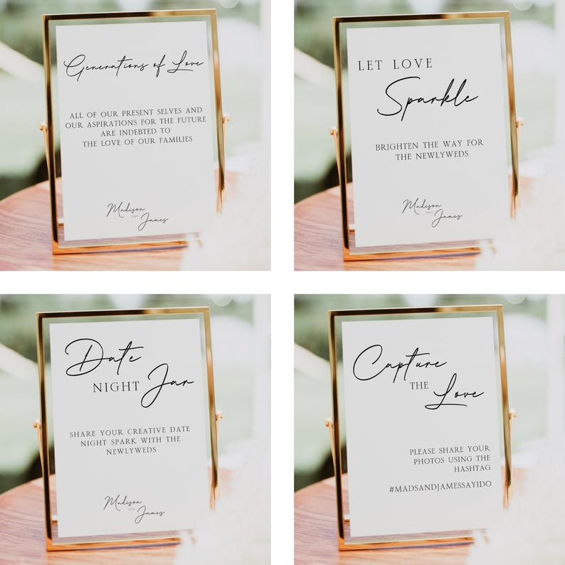 May include: Four gold-framed signs with white backgrounds and black text. The signs are for a wedding and include the text "Generations of Love", "Let Love Sparkle", "Date Night Jar", and "Capture the Love".