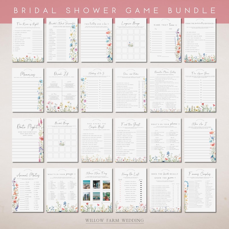 Love In Bloom Bridal Shower Games Bundle, Wildflower Editable Shower Game,s Kolorowa kwiatowa panna młoda wiosna, Do wydrukowania natychmiastowego pobrania zdjęcie 1