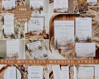 Fall Mountain Wedding Bundle, Rustic Lake Wedding Invitation Set, Editable Template Pine Wedding Stationery, Printable Invite Suite