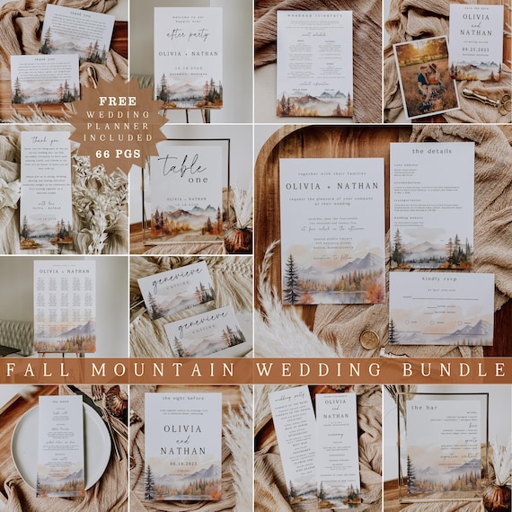 Fall Mountain Wedding Bundle, Rustic Lake Wedding Invitation Set, Editable Template Pine Wedding Stationery, Printable Invite Suite