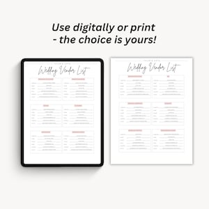 May include: A printable wedding vendor list checklist with sections for wedding planner, catering, venue, officiant, photographer, videographer, florist, DJ, and more. The checklist is designed to be used digitally or printed.