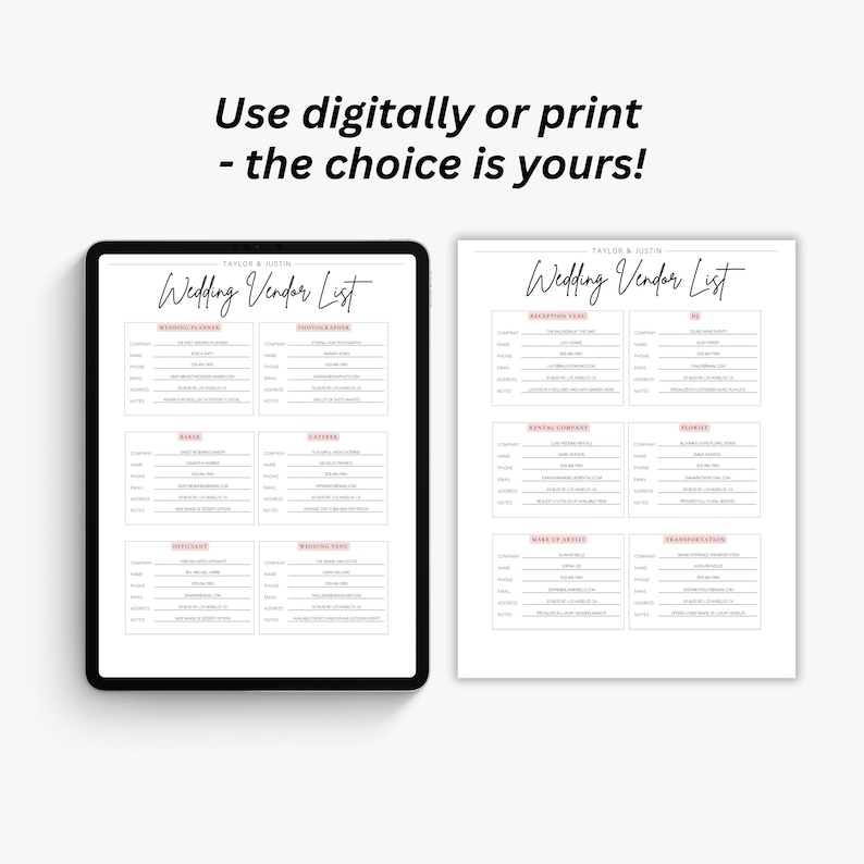 May include: A printable wedding vendor list checklist with sections for wedding planner, catering, venue, officiant, photographer, videographer, florist, DJ, and more. The checklist is designed to be used digitally or printed.