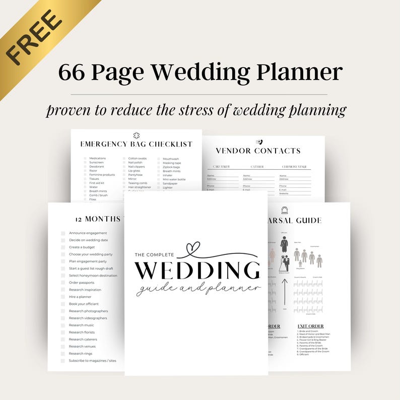 May include: A black and white printable wedding planner guide with the title "The Complete Wedding Guide and Planner" and a checklist of tasks to complete for a wedding.
