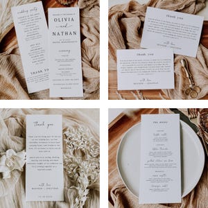 May include: A selection of wedding stationery, including ceremony programs, thank you cards, and a menu. The cards feature minimalist text in a simple font, with names and dates. The overall aesthetic is clean and modern, with a neutral colour palette.