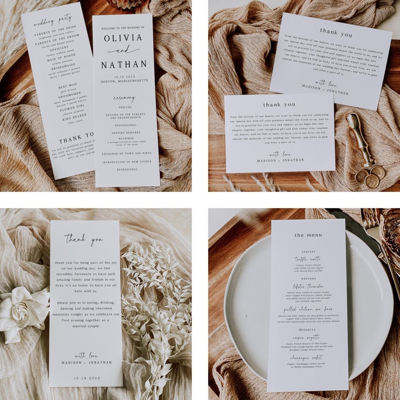 May include: A selection of wedding stationery, including ceremony programs, thank you cards, and a menu. The cards feature minimalist text in a simple font, with names and dates. The overall aesthetic is clean and modern, with a neutral colour palette.