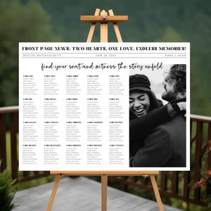May include: A black and white wedding seating chart with the text "Front Page News: Two Hearts, One Love, Endless Memories!" and "Find your seat and witness the story unfold". The chart lists tables with guest names and a photo of the bride and groom.