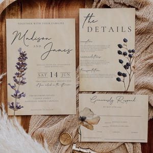 Conjunto de flores prensadas, modelo de convites de casamento de flores silvestres, conjunto de convites de casamento para impressão, cartão de detalhes de RSVP de casamento boho