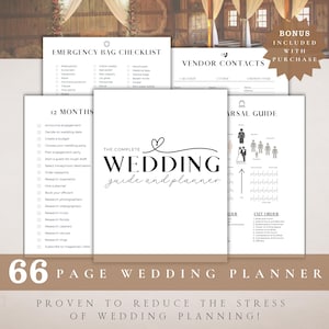 May include: A 66-page wedding planner with checklists, vendor contacts, and a rehearsal guide. The cover reads "The Complete Wedding Guide and Planner." Includes a bonus with purchase. Proven to reduce wedding planning stress.