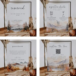 Fall Mountain bruiloft bundel, rustieke Lake bruiloft uitnodigingsset, bewerkbare sjabloon grenen bruiloft briefpapier, afdrukbare uitnodigingssuite afbeelding 6