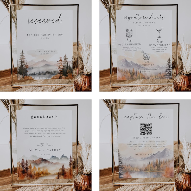 Fall Mountain bruiloft bundel, rustieke Lake bruiloft uitnodigingsset, bewerkbare sjabloon grenen bruiloft briefpapier, afdrukbare uitnodigingssuite afbeelding 6