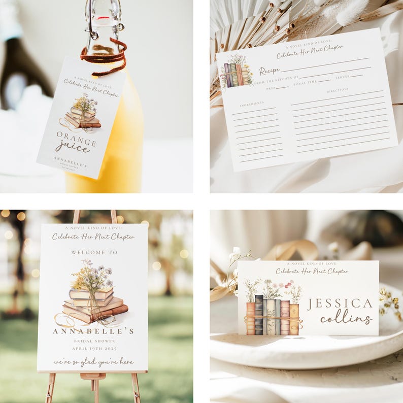 Może przedstawiać: Zestaw drukowanych dekoracji na wiecz&oacute;r panieński z motywem stosu książek i kwiat&oacute;w. Tekst brzmi "A Novel Kind of Love, Celebrate Her Next Chapter".