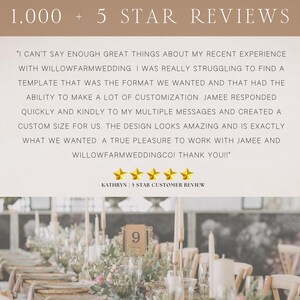 May include: Image featuring a wedding table setting with floral arrangements, candles, and place settings. The image includes text that reads "1,000 + 5 STAR REVIEWS" and a customer review.