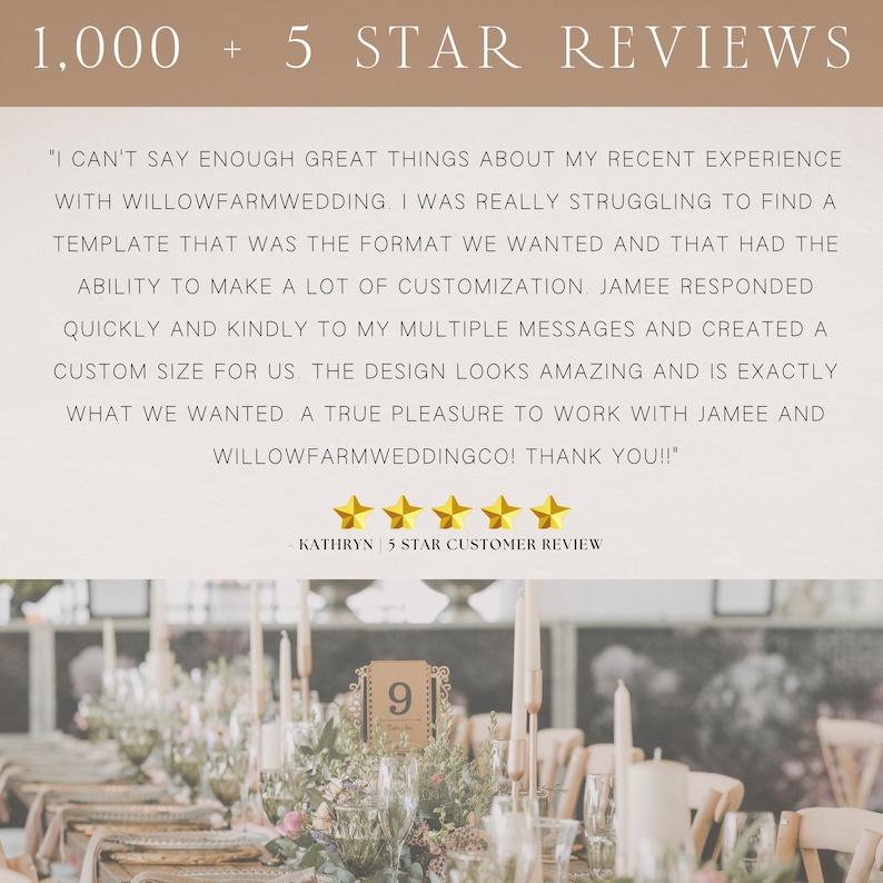 May include: Image featuring a wedding table setting with floral arrangements, candles, and place settings. The image includes text that reads "1,000 + 5 STAR REVIEWS" and a customer review.