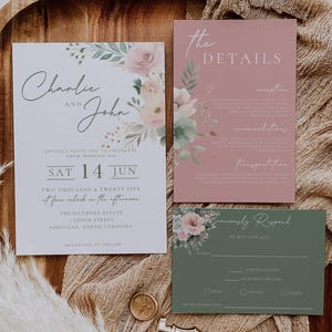 Blush Pink Sage Wedding Invitation Set Template, Floral Greenery Wedding Invites Suite, Elegant Boho Sage Blush Rose, RSVP Details Download