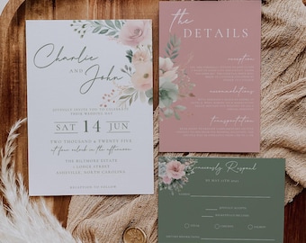May include: Wedding invitation suite featuring a white invitation card with floral accents and the names "Charlie and John". A pink details card and a green RSVP card are also included. The suite is decorated with floral designs.