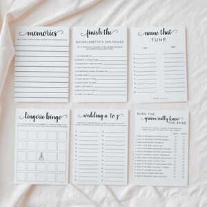 May include: A set of printable bridal shower games. The games include "Memories", "Finish the Bachelorette's Sentences", "Name That Tune", "Lingerie Bingo", "Wedding A to Z", and "Does the Groom Really Know the Bride?"