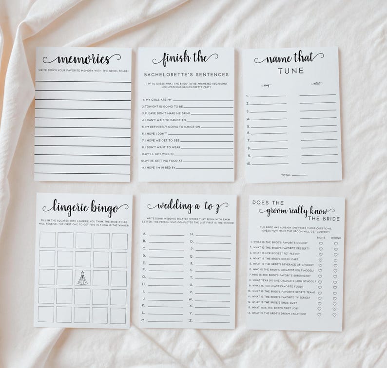May include: A set of printable bridal shower games. The games include "Memories", "Finish the Bachelorette's Sentences", "Name That Tune", "Lingerie Bingo", "Wedding A to Z", and "Does the Groom Really Know the Bride?"