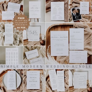 May include: A selection of minimalist wedding stationery in white and beige tones. The set features invitations, thank you notes, table cards, and other items. The words "SIMPLE MODERN WEDDING BUNDLE" are written at the bottom of the image.