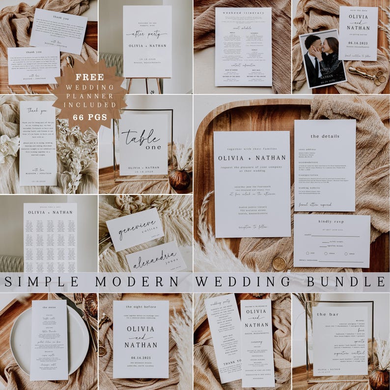 May include: A selection of minimalist wedding stationery in white and beige tones. The set features invitations, thank you notes, table cards, and other items. The words "SIMPLE MODERN WEDDING BUNDLE" are written at the bottom of the image.