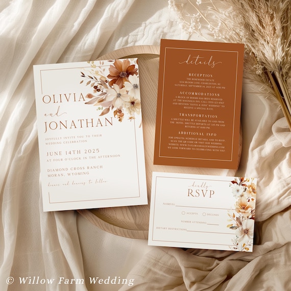 Autumn Wildflower Wedding Invitation Set Template, Fall Floral Wedding Invite, Boho Terracotta Rust Orange Red Burgundy, Printable Suite