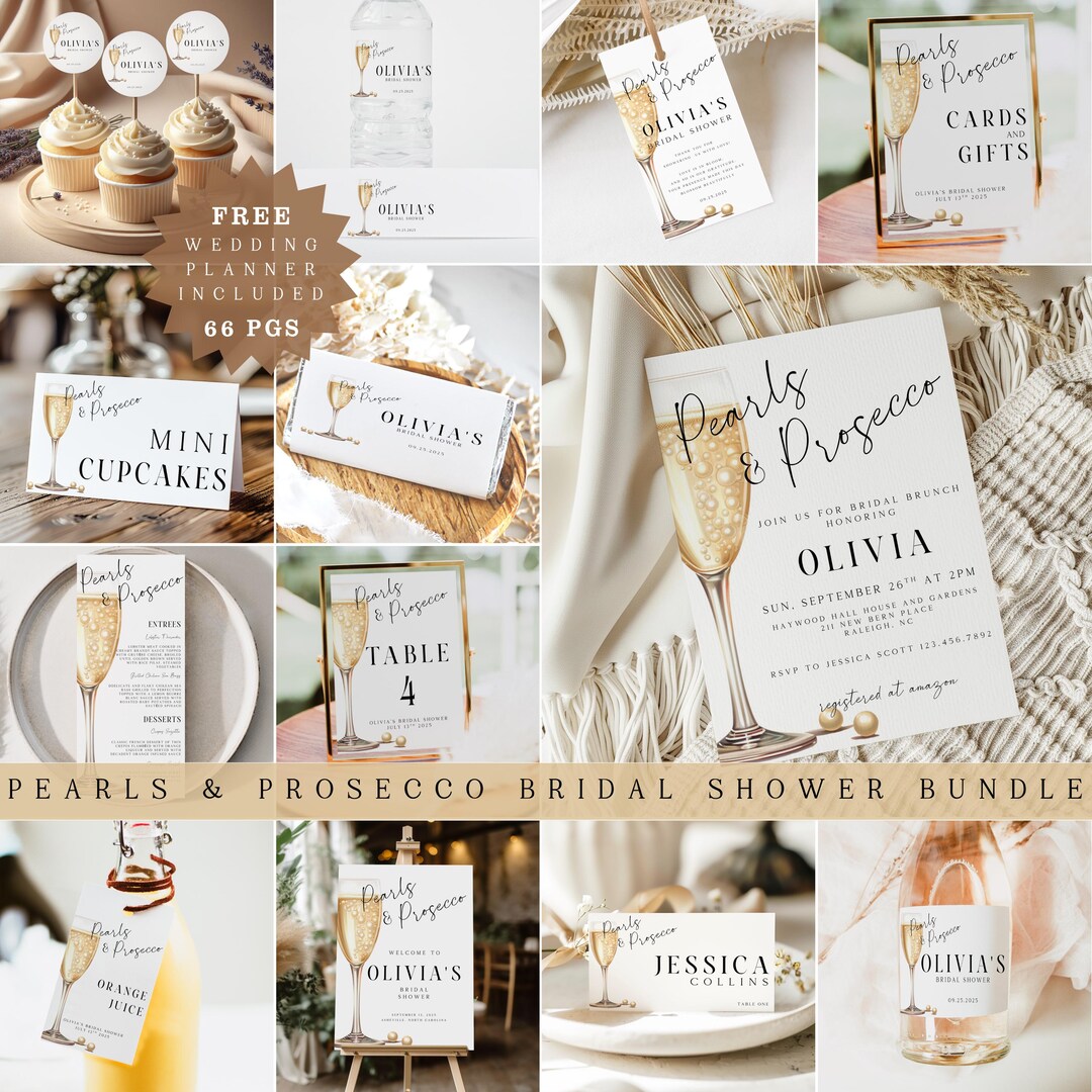Pearls and Prosecco Bridal Shower Bundle Editable Printable Decor Kit ...
