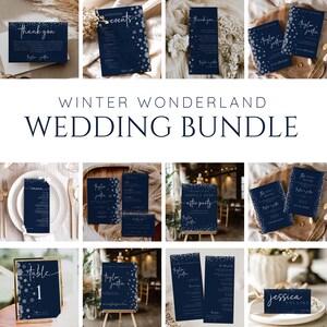 Winter Wedding Invitation Bundle, Wedding Invitation with Snowflakes, Wedding Invitation Blue, Wedding Bundle, Editable Template, Printable image 1