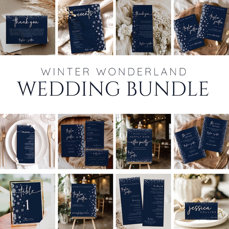 Winter Wedding Invitation Bundle, Wedding Invitation with Snowflakes, Wedding Invitation Blue, Wedding Bundle, Editable Template, Printable image 1