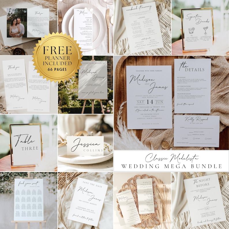 May include: A wedding invitation suite with a minimalist design featuring a classic script font. The suite includes a save the date card, invitation, details card, RSVP card, and table number card. The cards are all white with black text and are arranged on a variety of surfaces, including wood, fabric, and a wicker placemat.
