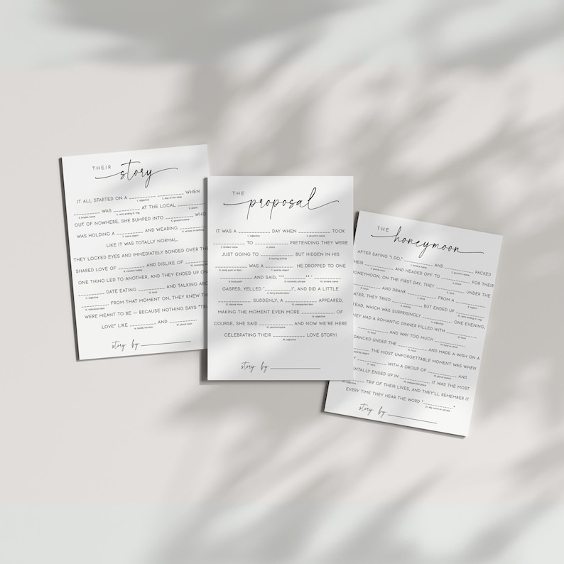 Digital bridal shower mad libs sheet with humor and sentimentality perfect for icebreaker games