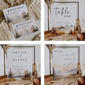 Fall Mountain bruiloft bundel, rustieke Lake bruiloft uitnodigingsset, bewerkbare sjabloon grenen bruiloft briefpapier, afdrukbare uitnodigingssuite afbeelding 5