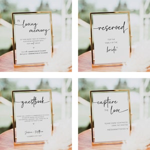 Pu&ograve; includere: Quattro cartelli con cornice dorata, sfondo bianco e calligrafia nera. I cartelli recitano "In memoria affettuosa", "Riservato alla famiglia della sposa", "Libro degli ospiti" e "Cattura l'amore".