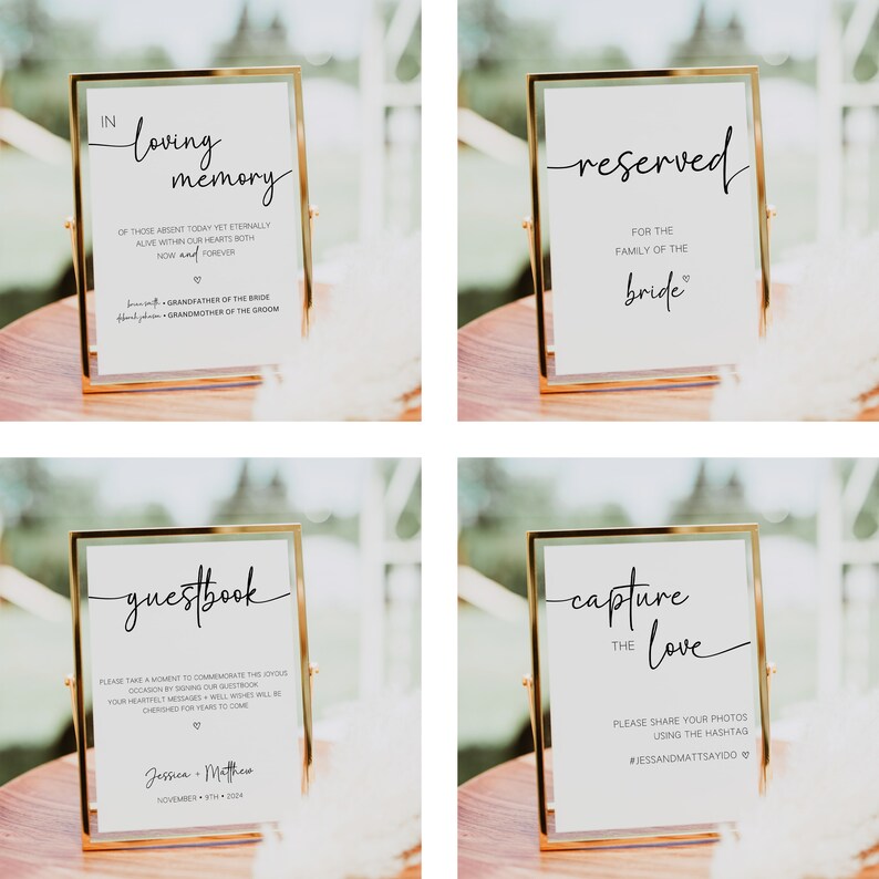 Pu&ograve; includere: Quattro cartelli con cornice dorata, sfondo bianco e calligrafia nera. I cartelli recitano "In memoria affettuosa", "Riservato alla famiglia della sposa", "Libro degli ospiti" e "Cattura l'amore".