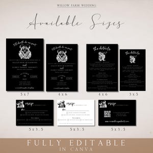 May include: A collection of black and white wedding stationery templates, including invitations, details cards, and RSVP cards. The designs feature skeleton couple illustrations and the text "Till death do us part."
