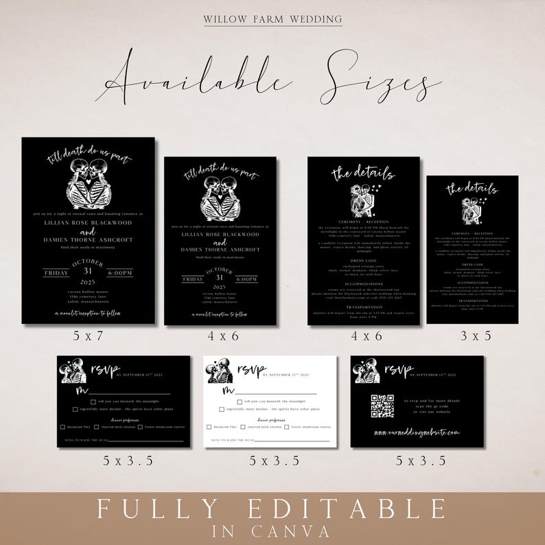 May include: A collection of black and white wedding stationery templates, including invitations, details cards, and RSVP cards. The designs feature skeleton couple illustrations and the text "Till death do us part."