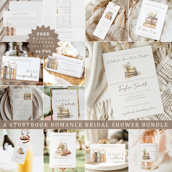 Storybook Bridal Shower Bundle, Book Themed Bridal Shower Editable Party Bundle, A New Chapter Begins Instant Download